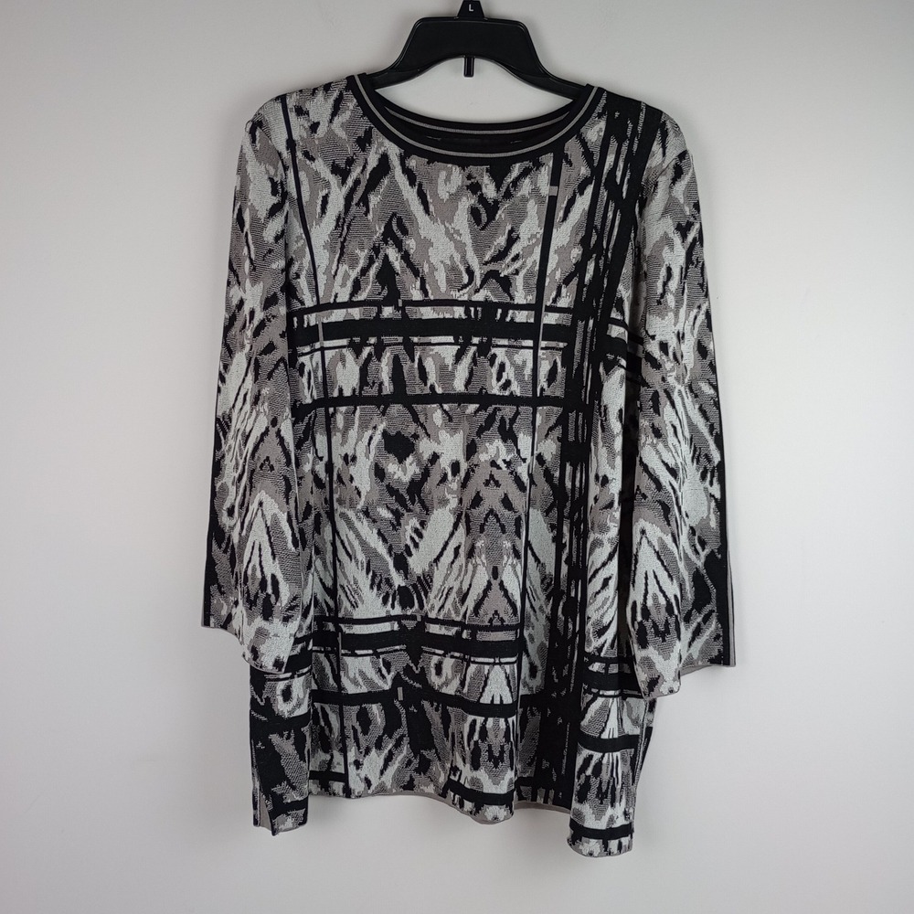 Ming Wang Womens XL Gray Abstract Geometric Knit 3/4 Sleeve Career Tunic Top